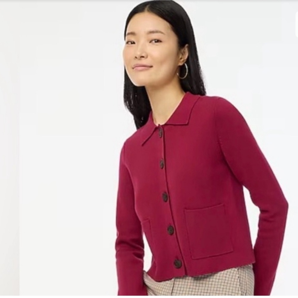 J. Crew Women's Wine Red 100% Cotton Button Polo Cardigan Large
